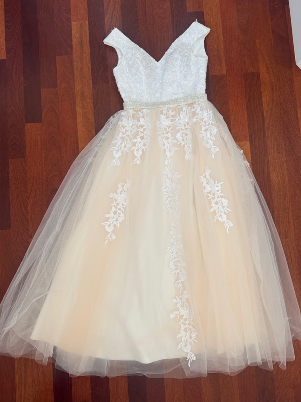 Elegant Custom Lace & Tulle dress. Size 6. Champagne. Bridal, reception, formal.